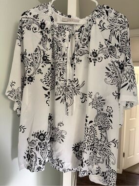 LOFT White Blouse with Black Paisley Tie-Neck